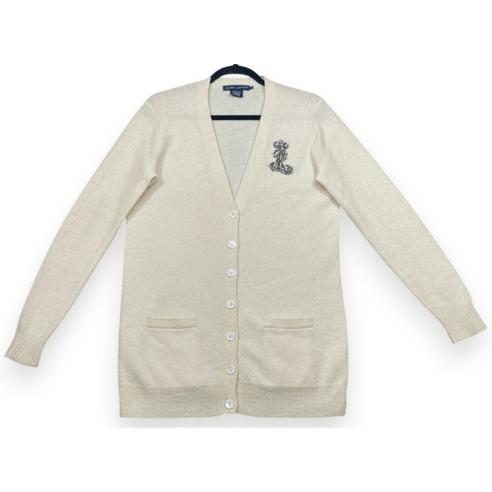 Ralph Lauren Blue Label Cardigan Sweater M Ivory Crystal Merino Wool Angora